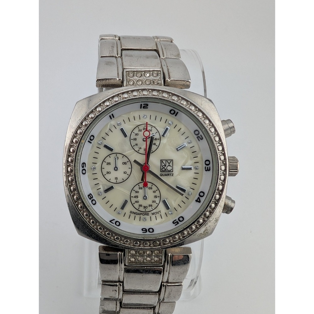 NY&C Watch Women 36mm Case Pearlized Dial Silver 7" Band- New Battery